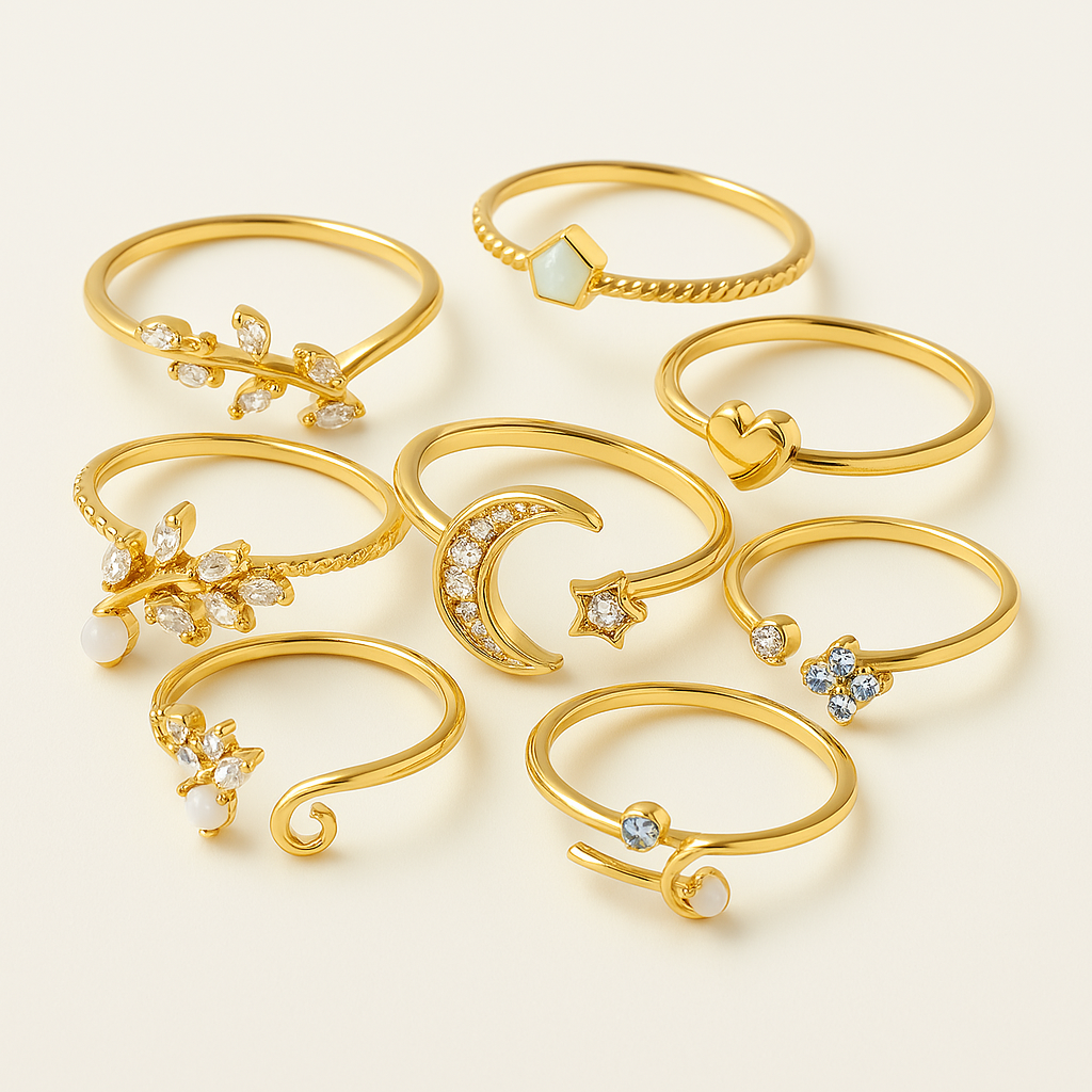 Set aus 10 bohemian Ringen aus Silber und vergoldet