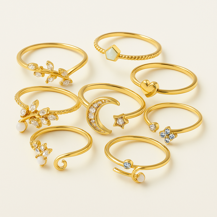 Set aus 10 bohemian Ringen aus Silber und vergoldet