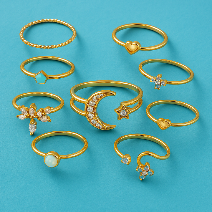 Set aus 10 bohemian Ringen aus Silber und vergoldet