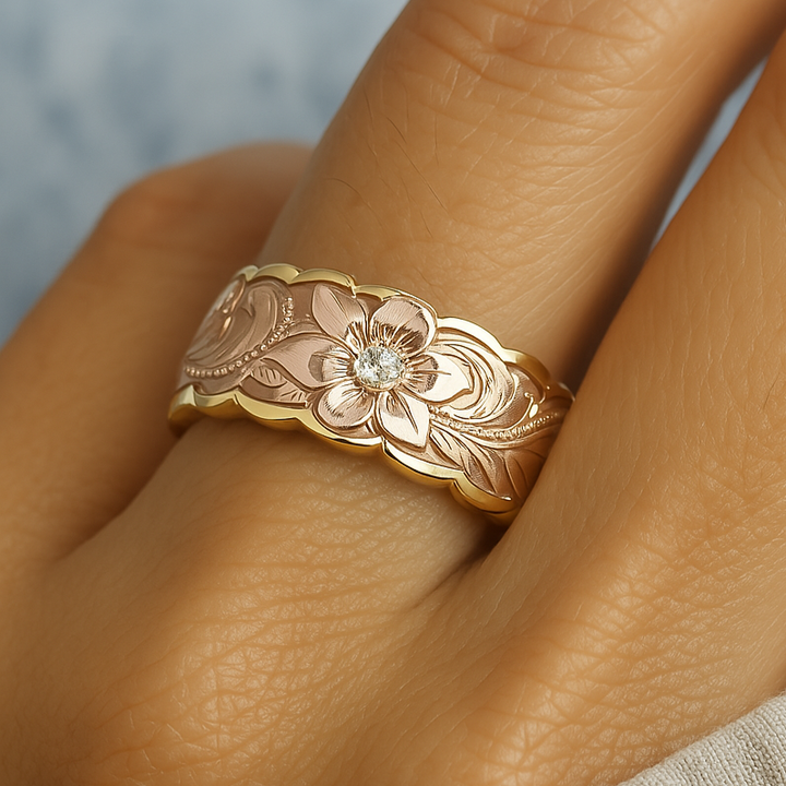 Vintage Goldring mit Rosa Blume