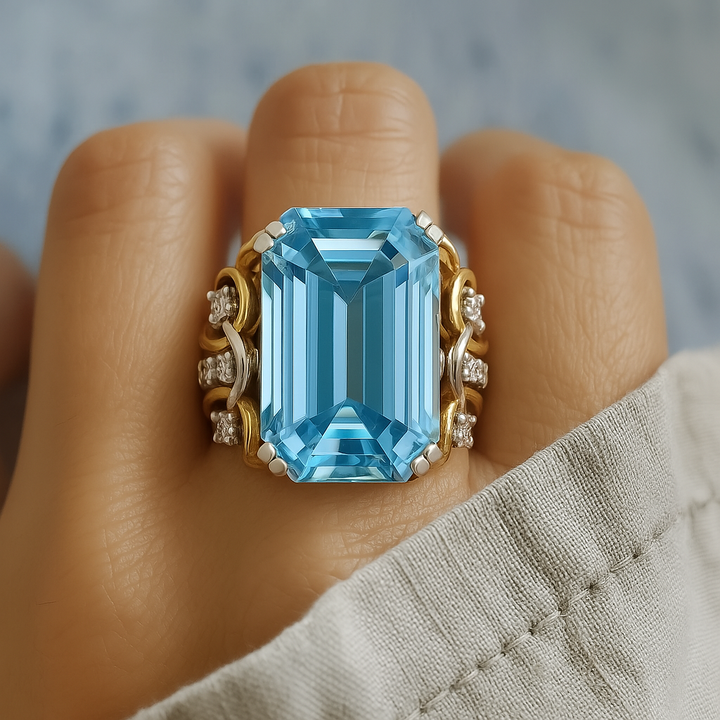 Vintage Überlagerungsring aus Gold mit blauen Zirkonia