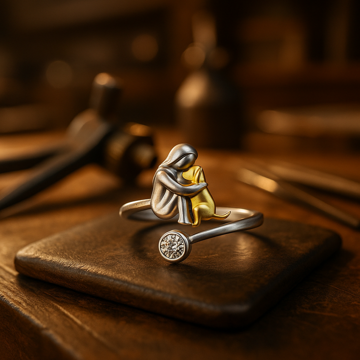 Silberring mit einem Hund und Zirkonsteinen